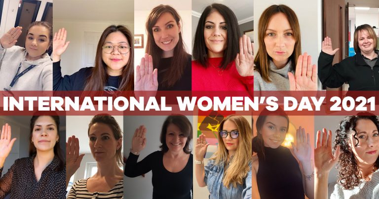 Collage of diverse women raising their hands to celebrate International Women's Day.