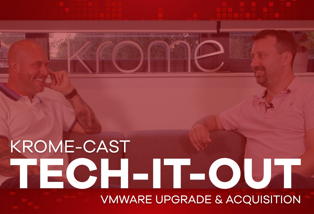 Two men in casual shirts smiling and conversing in a studio setting with the text "krome-cast tech-it-out, VMware vSphere 7 upgrade & acquisition" overlaying the image.