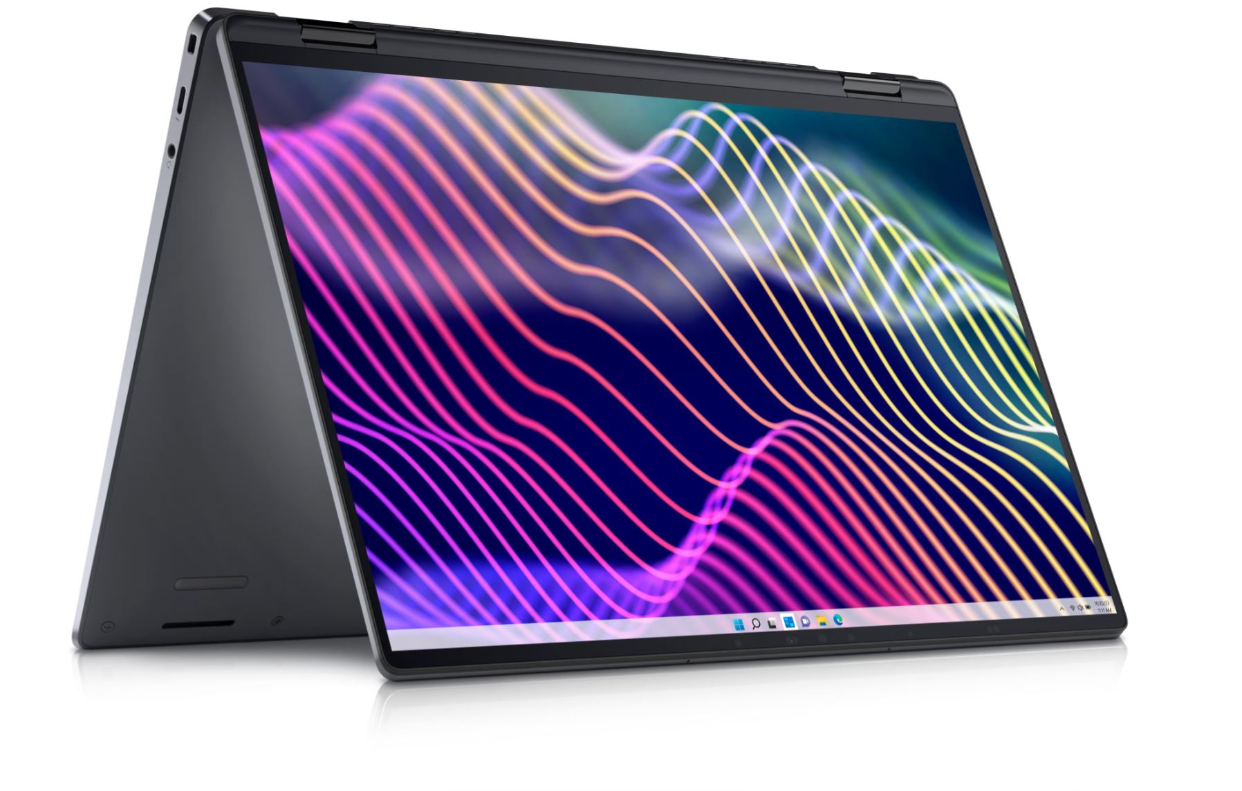 A convertible laptop with a vibrant, multi-colored wave pattern on the screen, shown in tent mode on a white background.